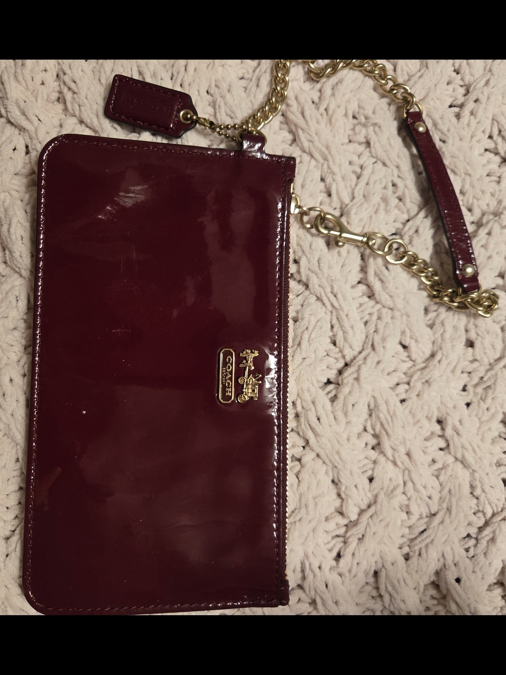 Coach Patent Leather Chain Wristlet in Deep Burgundy